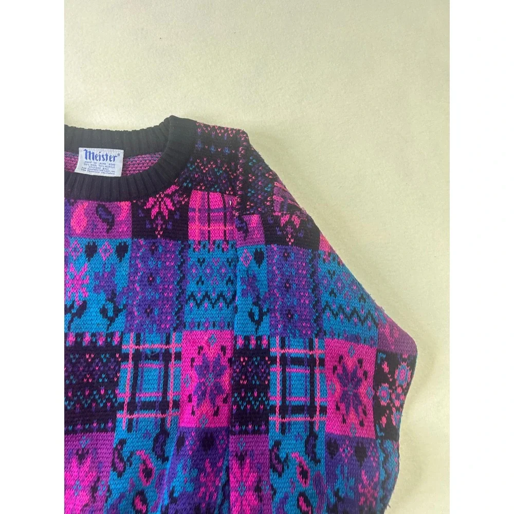 Vintage Meister Patchwork Knit Sweater Pink‎ Purple Blue Wool Blend Crewneck